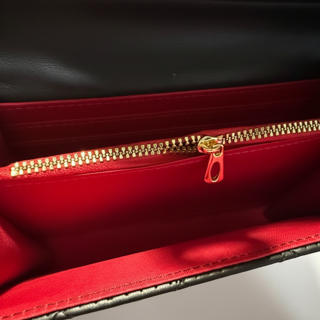 Black Quilted Bag Interior - Red Lining