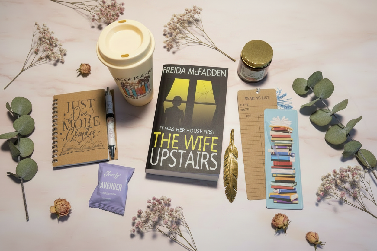 Book lover gift set flat lay with blush pink marble background