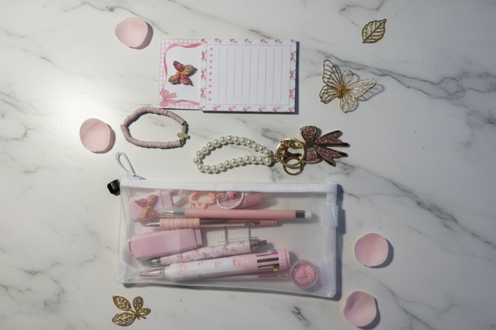 Pink Bow Gift Set flat lay with mesh pouch, pearl bow keychain, butterfly notepad, and beaded bracelet